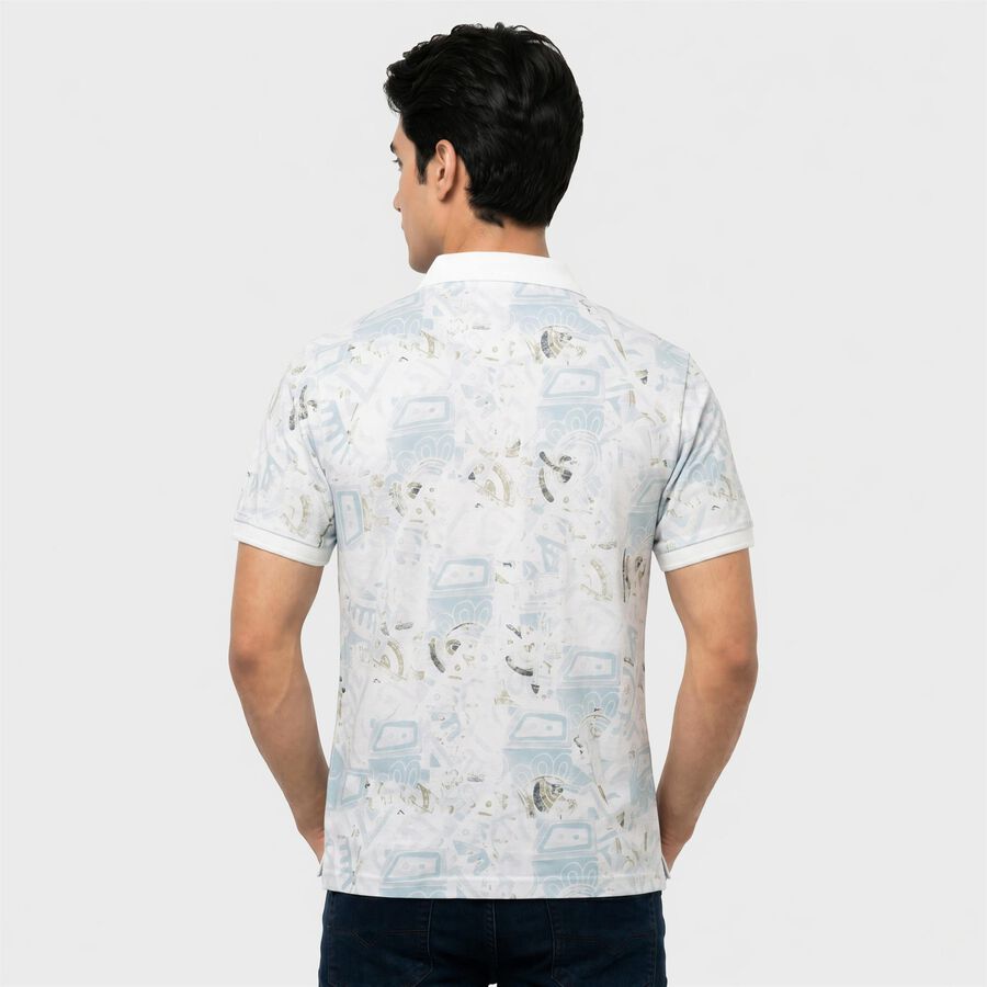 Men's White Cotton Polo Neck Printed T-Shirt, सफ़ेद, large