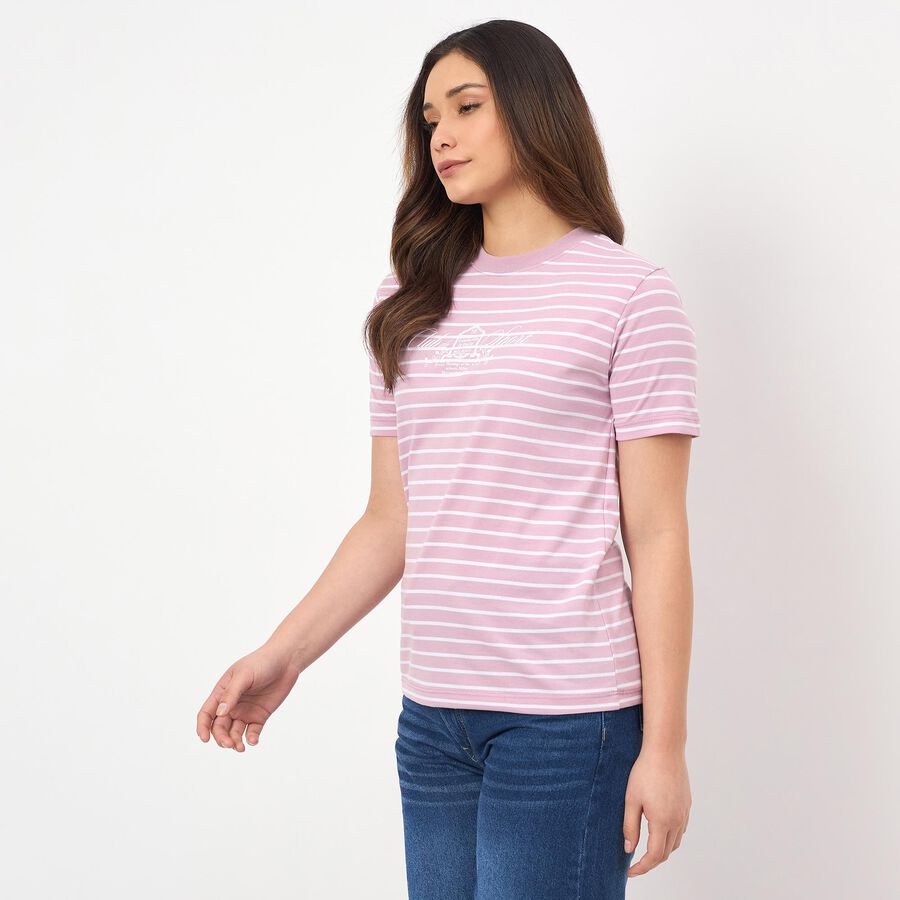 Women's Pink Round Neck Casual T-Shirt, Lilac, large