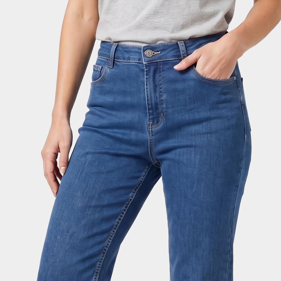 Women's Blue Straight Fit Washed Jeans, Mid Blue, large
