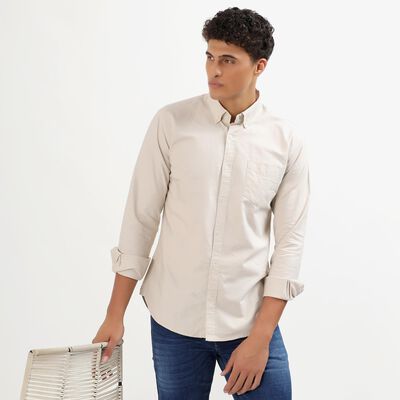 Men's Light Beige Cotton Button-Down Casual Shirt