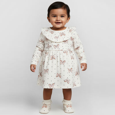Girls' Soft Ivory White Bow Print Long Sleeve Frock