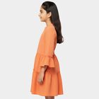 Girls' Orange Round Neck Textured Fit and Flare Dress, Orange, small