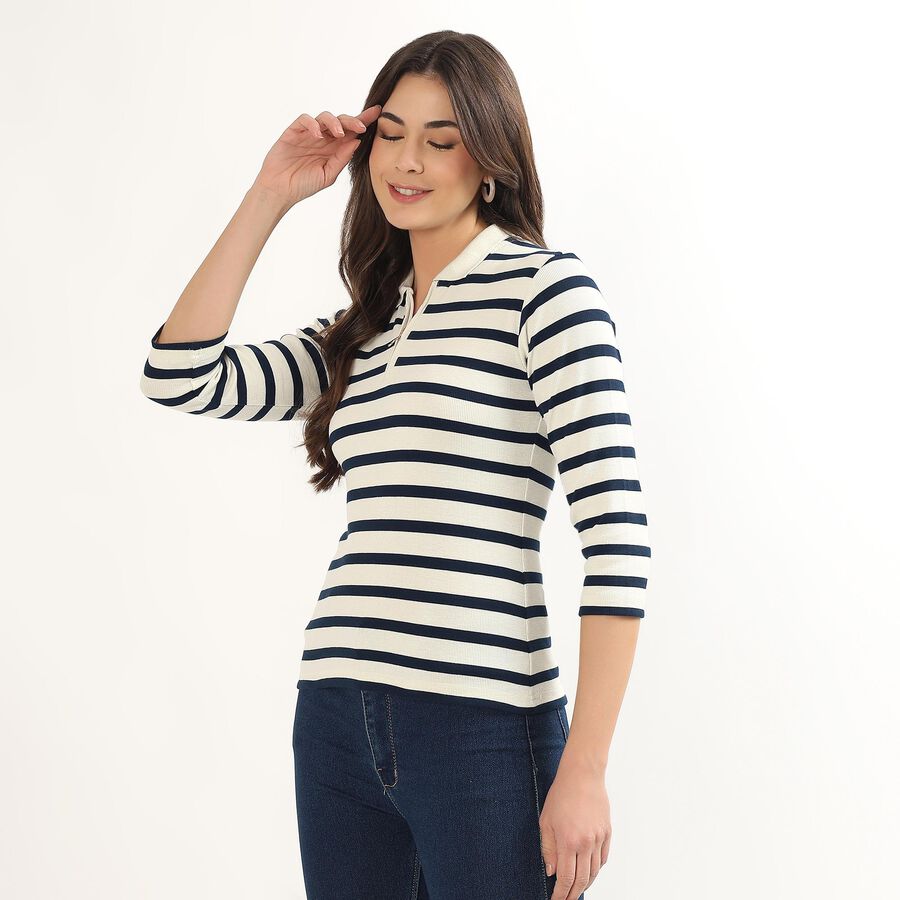 Women's Navy Blue Round Neck Casual Top, Navy Blue, large