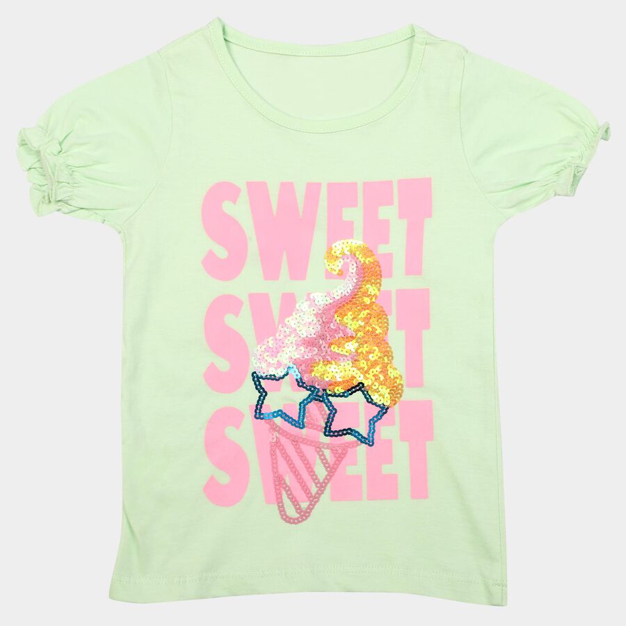 Girls Mint Green Cotton Round Neck Regular T-Shirt, Light Green, large