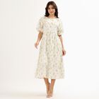 Women's Soft Ivory White Cotton Round Neck Bohemian Dress, Off White, small image number null