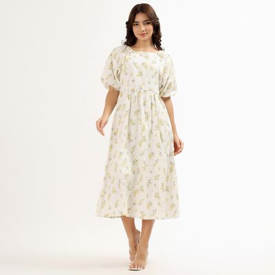 Women's Soft Ivory White Cotton Round Neck Bohemian Dress