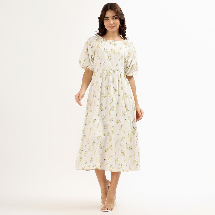 Women's Soft Ivory White Cotton Round Neck Bohemian Dress, Off White, large image number null