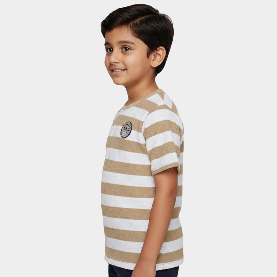 Boys' Beige Round Neck Striped Casual T-Shirt, गहरा पीला, large
