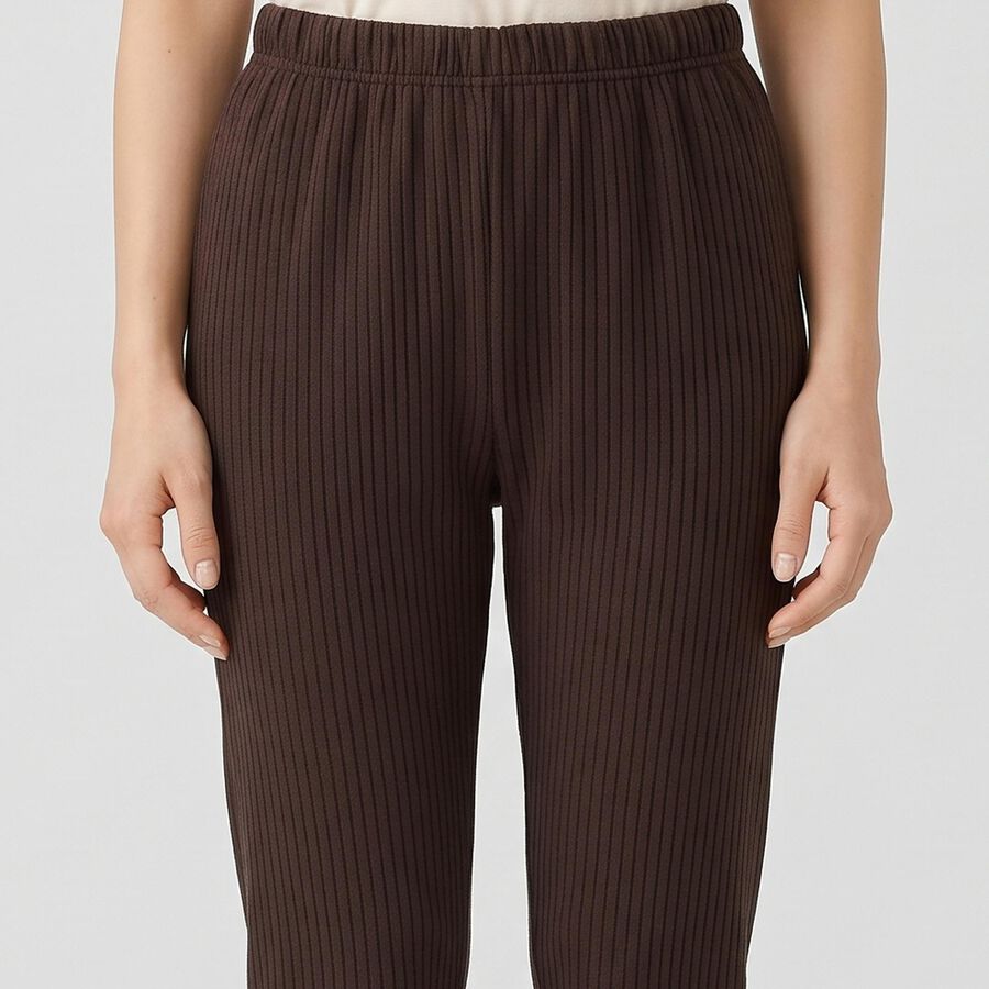 Women's Brown Ribbed Thermal, भूरा, large