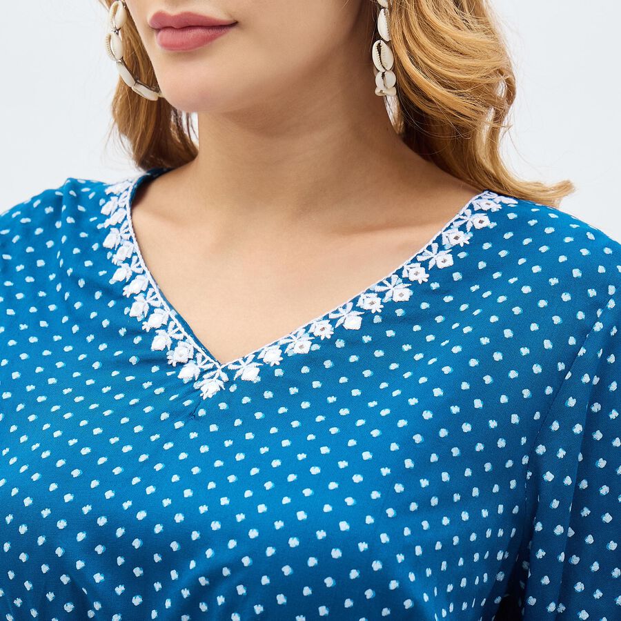Women's Deep Peacock Blue V-Neck Embroidered Kurti, गहरा नीला, large image number null