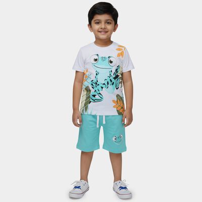 Boys' White Cotton Round Neck Cartoon Print Baba Suit