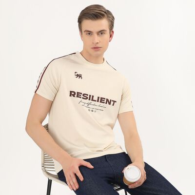 Men's Beige Round Neck Athleisure T-Shirt