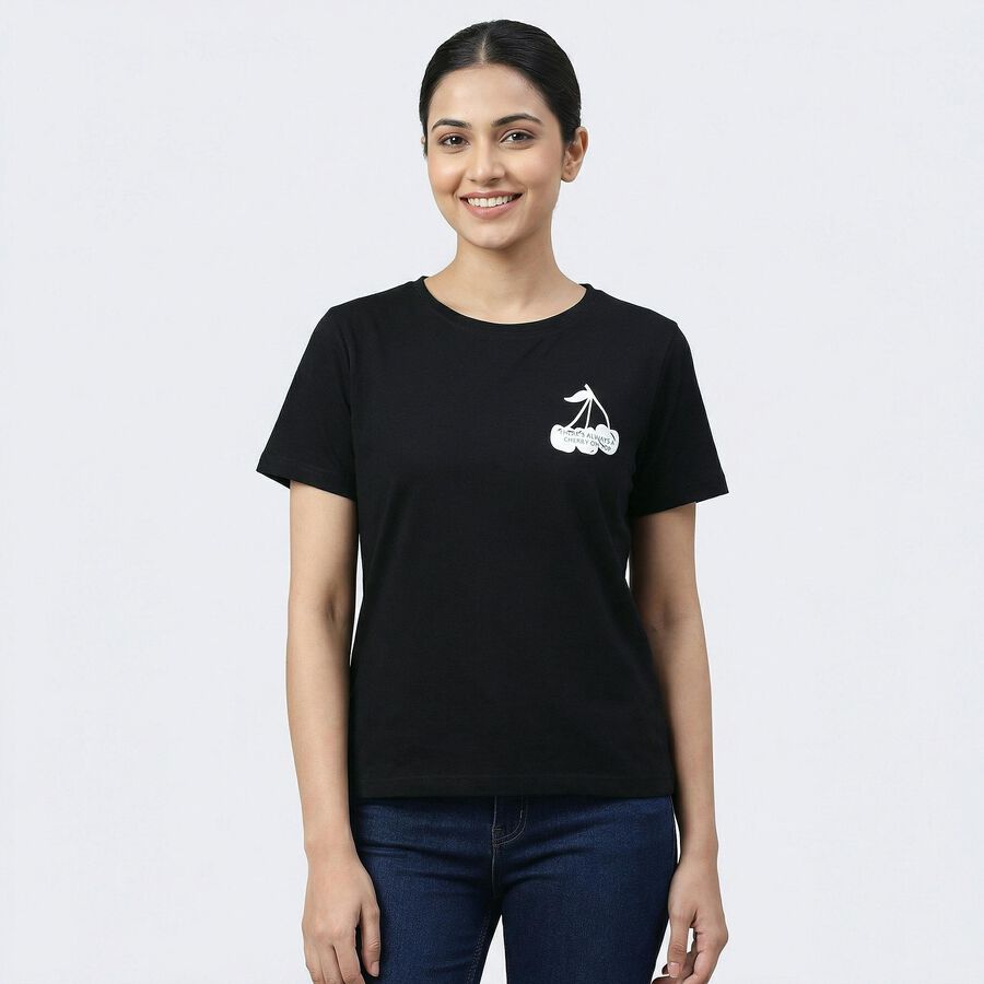 Women's Black Round Neck Casual T-Shirt, Black, large