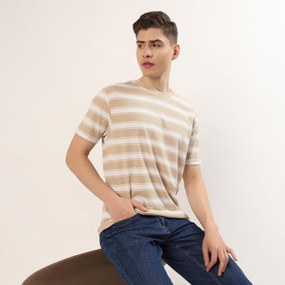 Men's Beige Cotton Blend Round Neck Casual T-Shirt