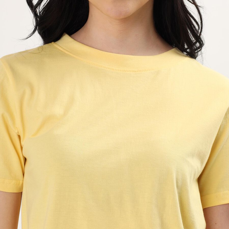 Women's Light Yellow Cotton Round Neck Casual T-Shirt, Yellow, large