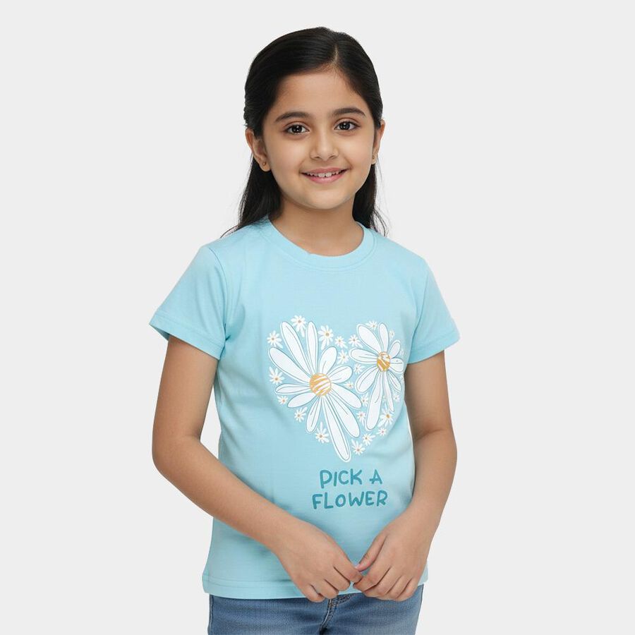 Girls' Aqua Round Neck Graphic Printed T-Shirt, एक्वा, large