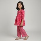 Girls Bright Pink Printed Round Neck Bohemian Kurta and Palazzo Fusion Set, रानी (फ्यूशिया), small image number null