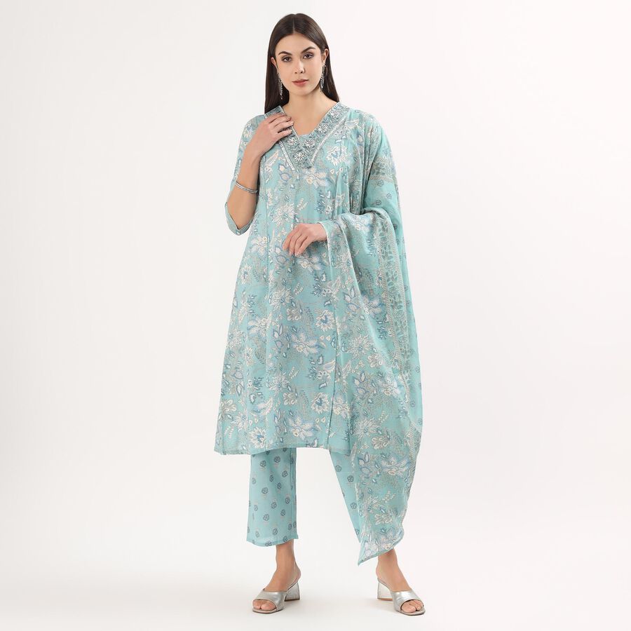 Women's Light Blue Cotton Round Neck Solid Kurta, हल्का नीला, large