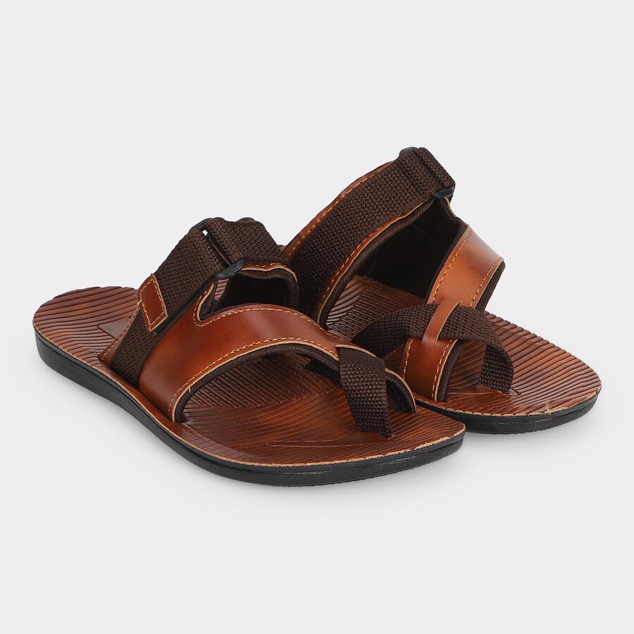 Men's Brown PU Thong Slip-On Sandals, भूरा, large