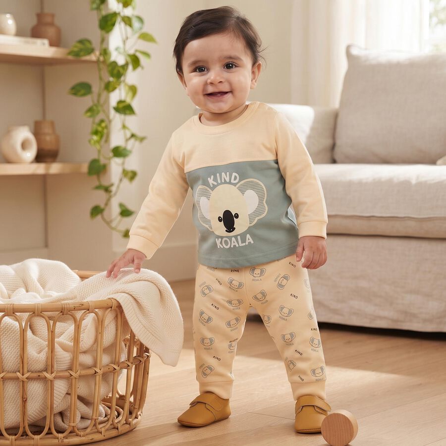 Infants' Beige Cotton Round Neck Koala Graphic Baba Suit, Beige, large