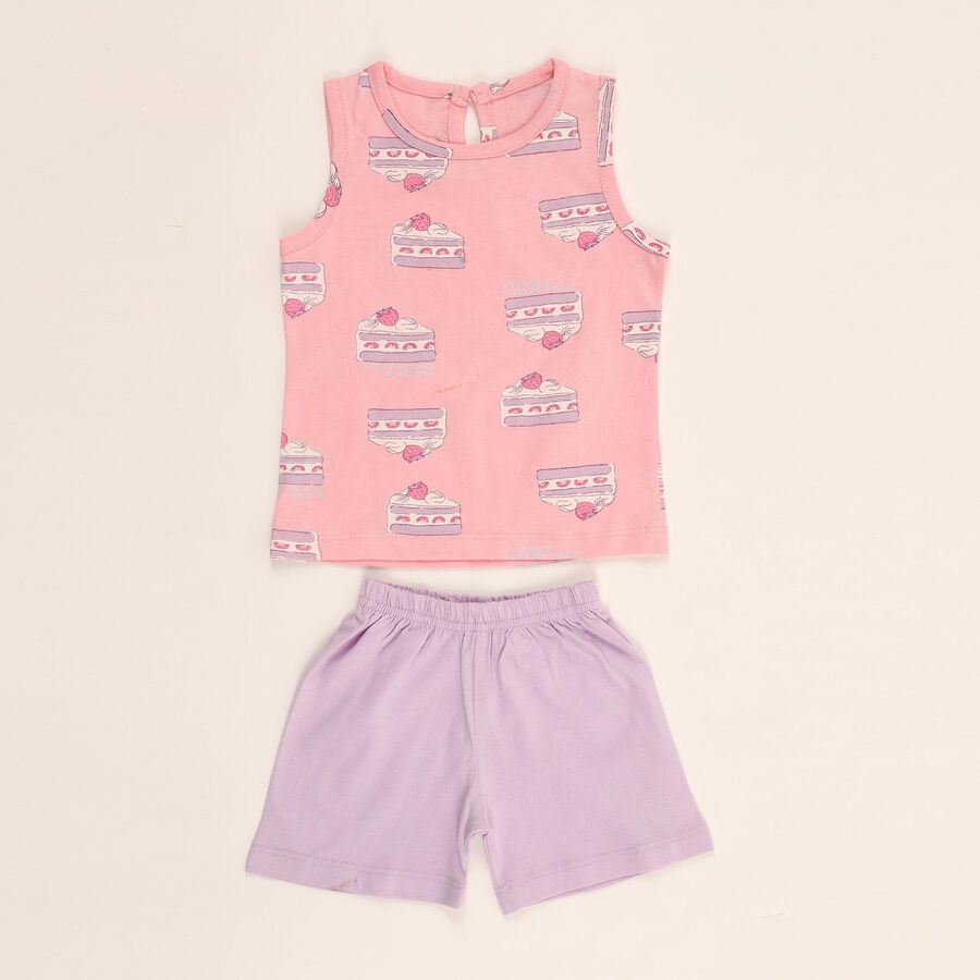 Infant Girl Soft Pink Cotton Round Neck Casual Shorts Set, हल्का गुलाबी, large image number null