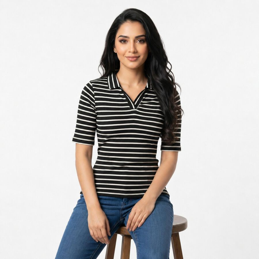 Women's Black Polo Neck Striped Polo T-Shirt, Black, large
