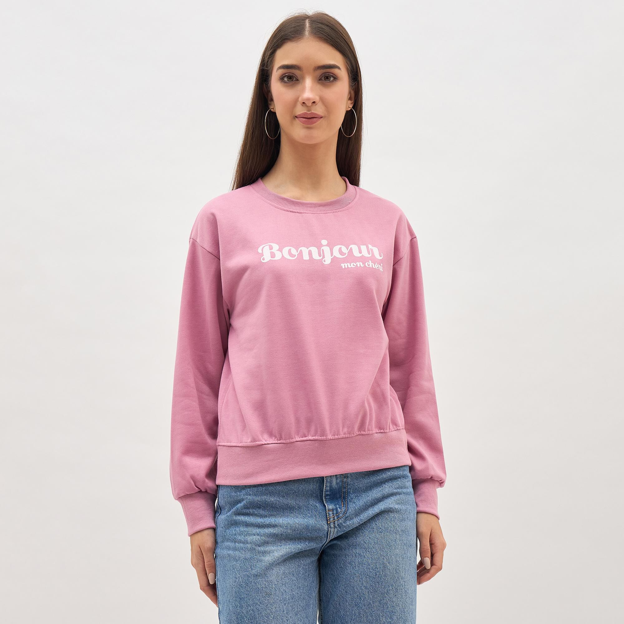 Brink Women's Muted Dusty Pink Crew Neck Casual Sweatshirt