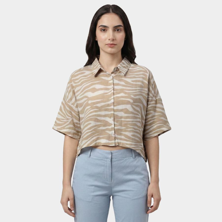 Women's Beige Classic Collar Classic Shirt, Beige, large