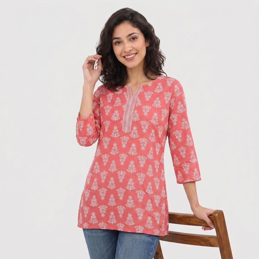 Women's Pink Notch Neck Floral Printed Kurti, Pink, large