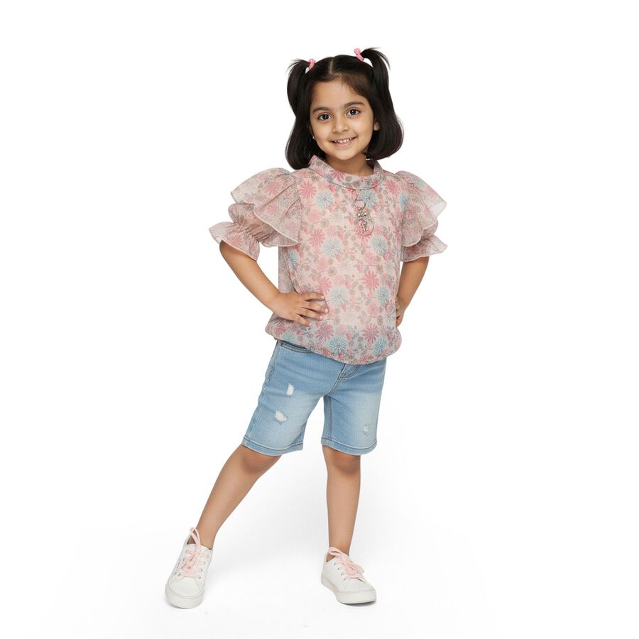 Girls' Light Beige Round Neck Romantic Floral Printed T-Shirt, गहरा पीला, large
