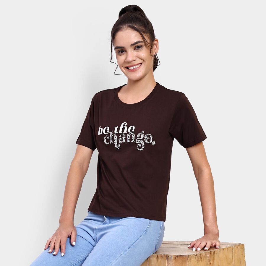 Ladies' 100% Cotton Round Neck T-Shirt , Brown, large image number null