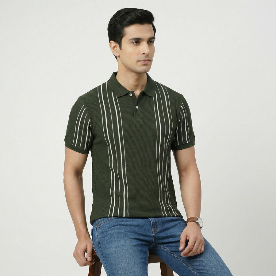 Men's Olive Green Collared Neck Casual T-Shirt, Olive, large