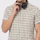 Men's Off White Cotton Short Sleeve Checked Regular Fit Shirt, Off White, small
