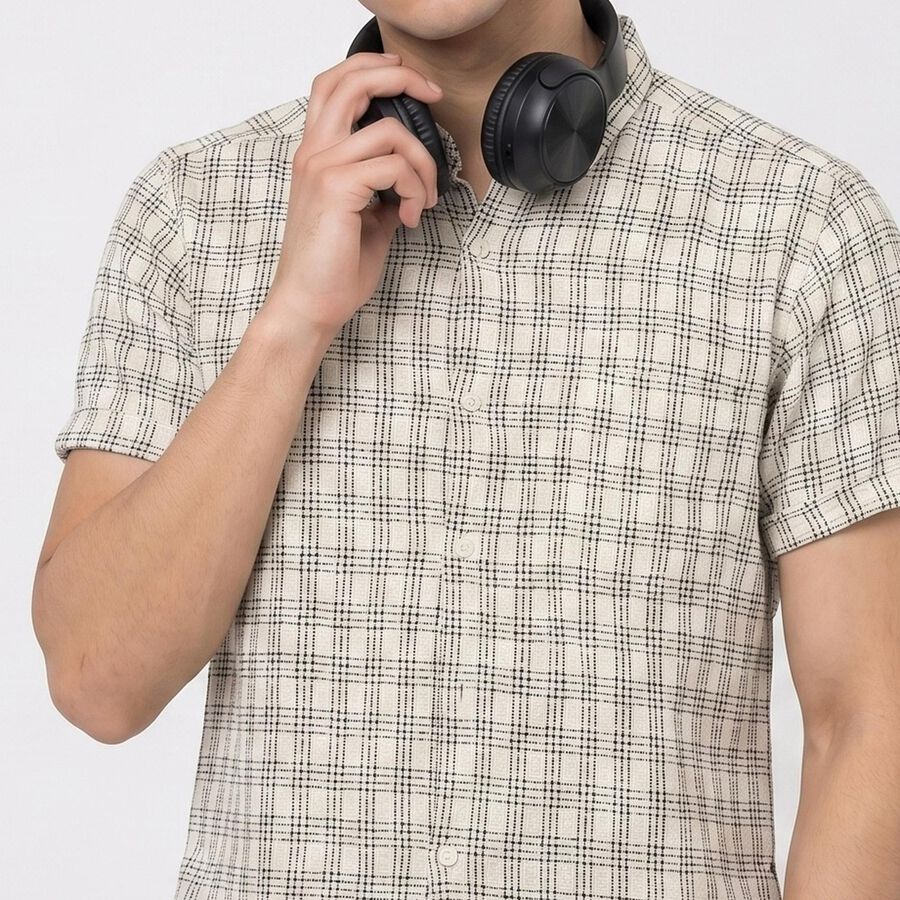 Men's Off White Cotton Short Sleeve Checked Regular Fit Shirt, Off White, large