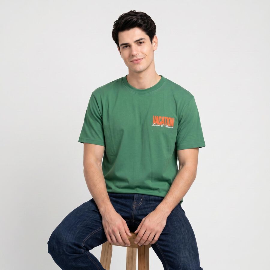 Men's Green Round Neck Graphic Print T-Shirt, हल्का हरा, large