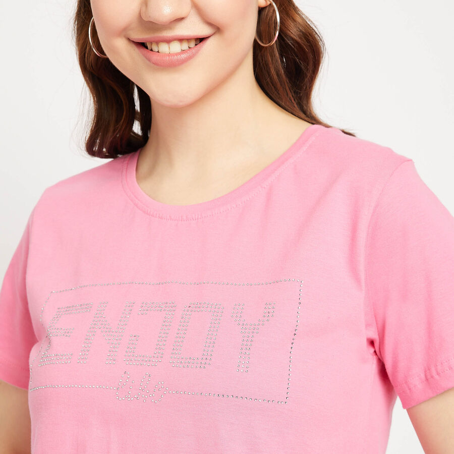 Cotton Round Neck T-Shirt, Pink, large image number null