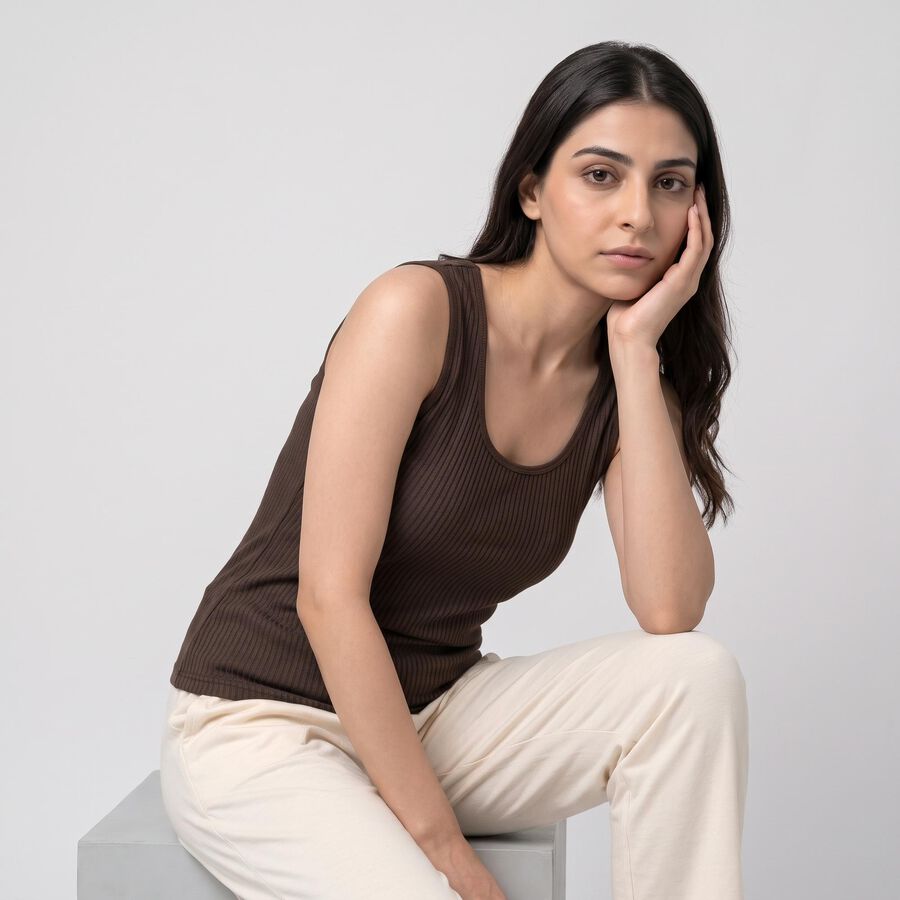 Women's Brown Ribbed Sleeveless Thermal, भूरा, large