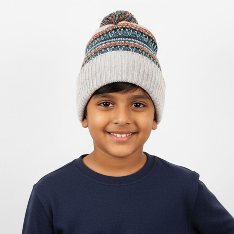 Boys' Light Grey Fair Isle Knitted Beanie with Pom-Pom, Light Grey, large image number null