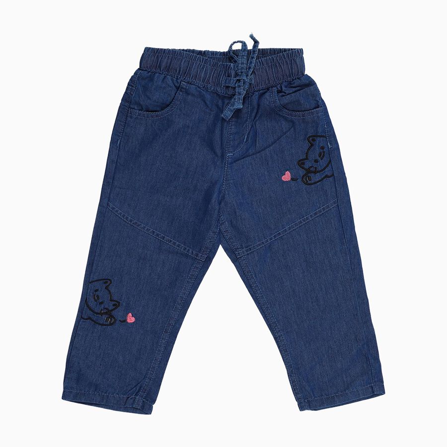 Girls' Deep Indigo Relaxed Fit Embroidered Jeans, मध्यम नीला, large image number null