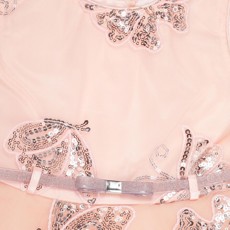 Girls' Soft Peach Sleeveless Butterfly Embellished Flared Frock, हल्का गुलाबी, large image number null