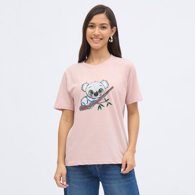 Women's Soft Pink Round Neck Casual T-Shirt