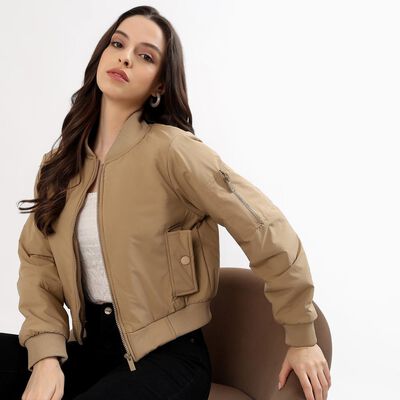 Women's Warm Beige Baseball Casual Bomber Jacket
