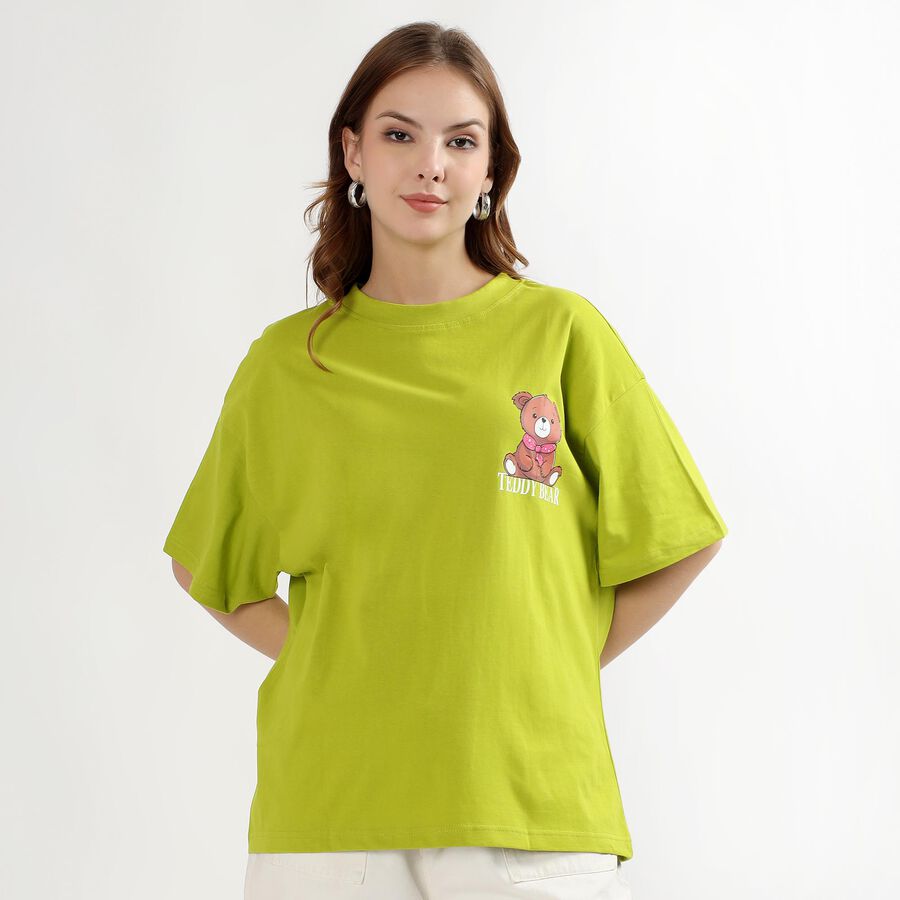 Women's Lime Green Cotton Round Neck Casual T-Shirt, Neon Green, large