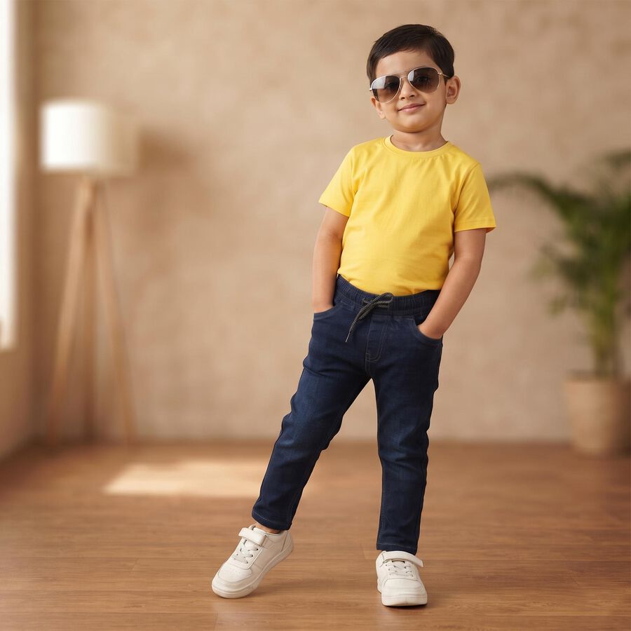 Boys' Navy Blue Drawstring Waist Jeans, Mid Blue, large