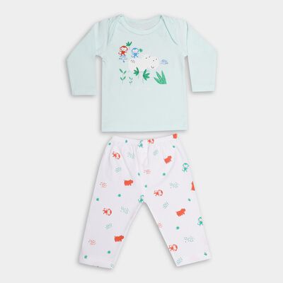 Infants' Aqua Cotton Round Neck Graphic Baba Suit
