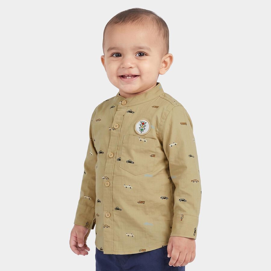 Infants Beige Cotton Long Sleeve Mandarin Collar Shirt, Beige, large