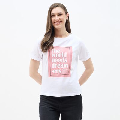 Women's White Round Neck Casual T-Shirt