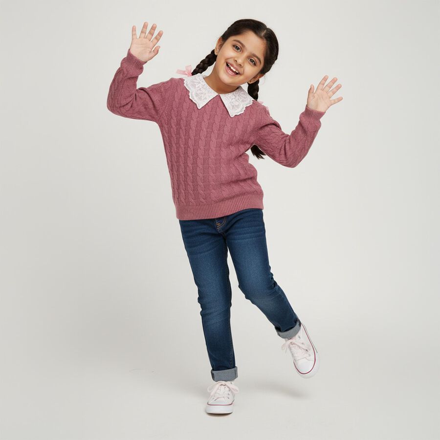 Girls Dusty Rose Lace Collar Cable Knit Pullover, Lilac, large image number null