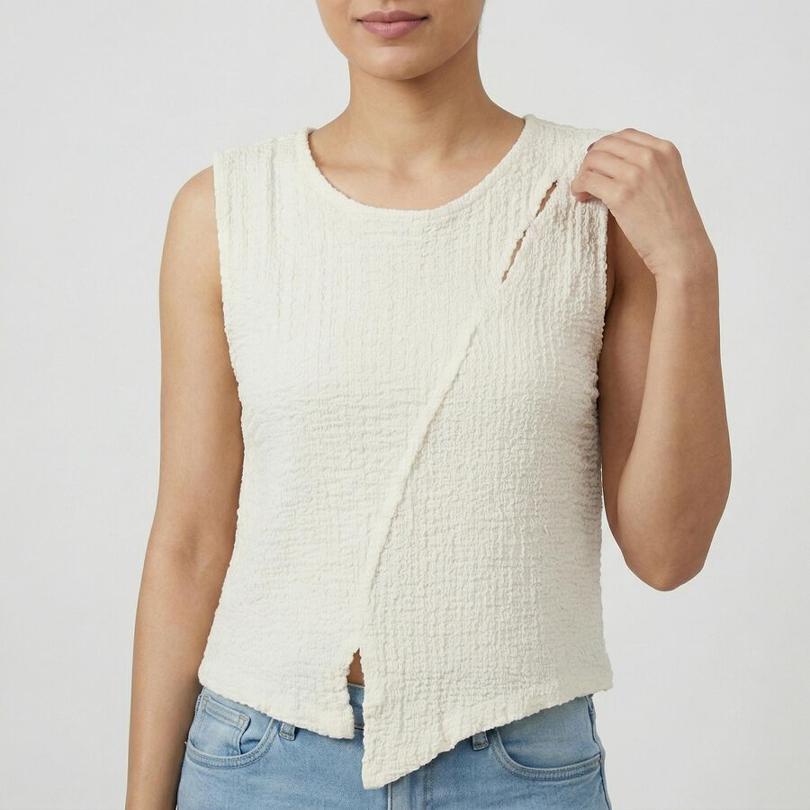 Women's Off-White Round Neck Casual Top, Off White, large