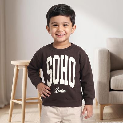 Boys' Brown Crew Neck Graphic Print Sweatshirt